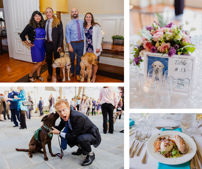 Photo collage: Pat and Brian McKenna with their wives, John Elliot gets licked by a chocolate Lab pup, an image of a place setting with spring flowers, a plated course on the dinner table.