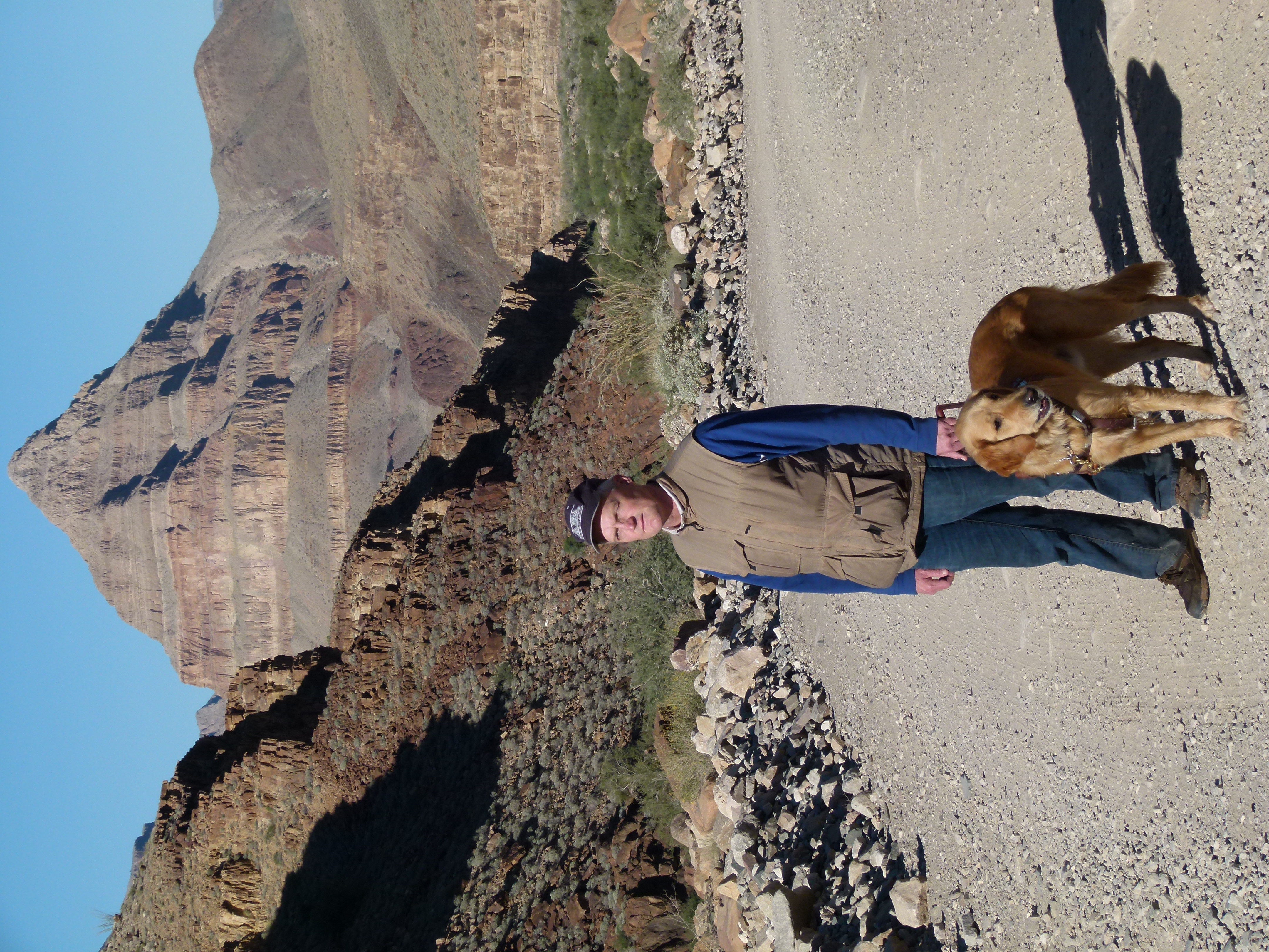 A man stands at Grand Canyon National park accompanied by his guide, a yellow lab/golden cross.