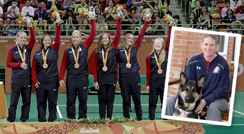 1 - TSE Graduate and Paralympic athlete Jen Ambruster sits on a bench with her Seeing Eye dog, a German shepherd, sitting between her knees.
2 - The six members of the 2016 U.S. Women's Goalball team stand in a line in an Olympic stadium. They are all wearing medals around their necks and holding flowers up in the air.

