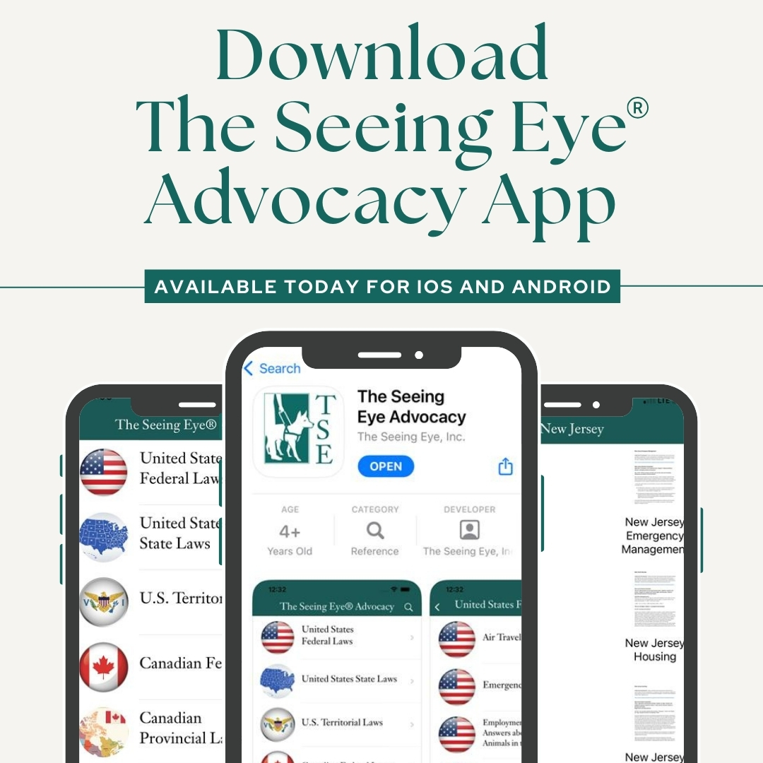 An image reading 'Download The Seeing Eye Advocacy App, Available Today for IOS and Android'