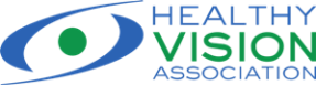 The logo for Healthy Vision Association are a pair of green swoops bracketing a blue dot, looking like an eye.