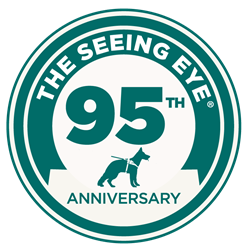 The special 95th-anniversary seal is round with the words The Seeing Eye 95th Anniversary and a silhouette of a shepherd in a leather harness.