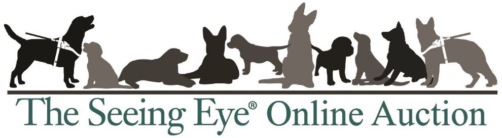 The words 'The Seeing Eye Online Auction' over 10 silhouettes of Seeing Eye dogs in various stages of life: puppies, training, and working.