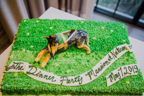 A celebration cake was made by Andrea Lekberg of The Artist Baker and is a rectangular shape and covered in a carpet of grass frosting. A German shepherd lays in the middle of the cake with a leather Seeing Eye harness. A ribbon across the cake reads, “The Dinner Party – Mansion at Natirar, May 2019”
