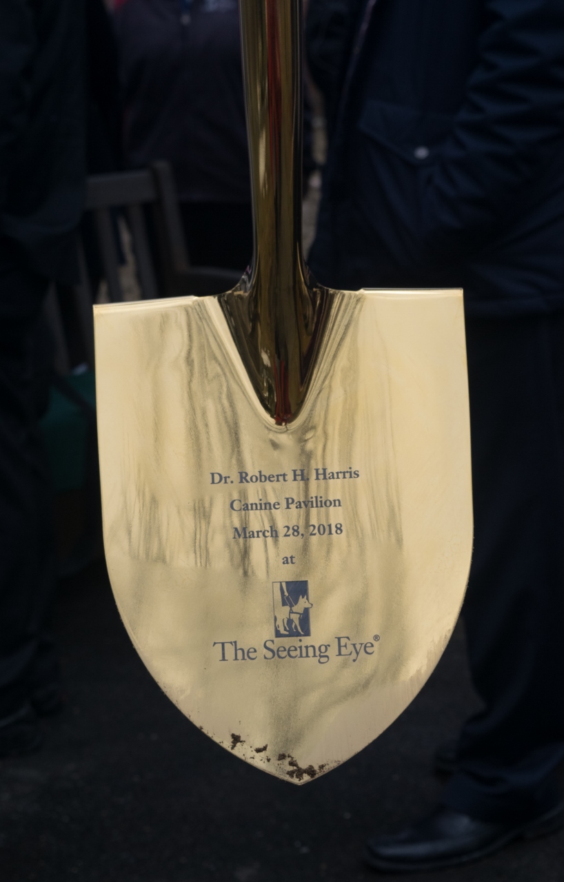 A close up of the shovel from the groundbreaking. It's gold-colored and reads, 