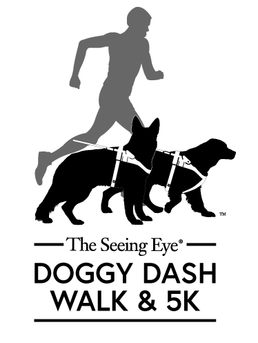 A silhouette of a runner and two Seeing Eye dogs, a shepherd and golden retriever.