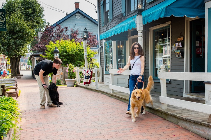 A guide dog team exits a business while a pet owner restrains his dog.