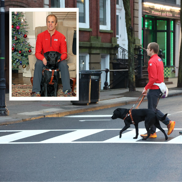 A black Lab guides a young man through a crosswalk in Morristown. Inset: A young man smiles with his black Lab. They are seated between a Christmas tree and a fireplace.